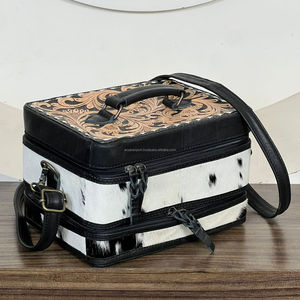 Sac de maquillage en cuir véritable de haute qualité, fait main par un designer, forme carrée, boîte à bijoux pour femmes, style western, organiseur de voyage - Product Image 4