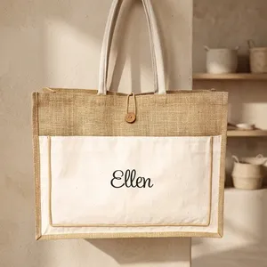 Sac en jute de qualité supérieure avec poche en toile blanche de 10 oz, 40x35x15 cm, corps naturel, laminé PP 14x15 pour cadeaux d'entreprise - Product Image 2