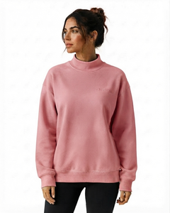 Women's Pink Oversized Mock Neck Fleece Sweatshirt Embroidered Letter Front <b>Drop</b>-shoulder Sleeve Spring Solid Streetwear Casual - Product Image 1