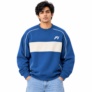Sudadera Azul para Hombre con Cuello Redondo, Panel Blanco en el Pecho, Ribete en Contraste, 100% Algodón Felpa, Corte Holgado, Manga Larga, Estilo Urbano - Product Image 1