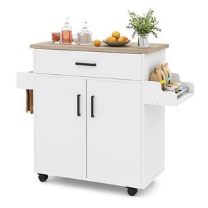 Carrello da Cucina Rotante in Marmo e Legno da 105 cm, Bianco, con Cassetto Portaoggetti, Armadietto, Porta Spezie e Portasciugamani - Product Image 1