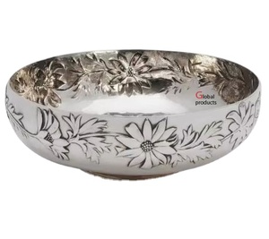 Tazón de servir redondo con diseño floral en acabado plateado, muy vendido, para hoteles, restaurantes y bares. - Product Image 1