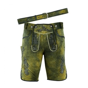 Pantalones Cortos Bávaros de Cuero Bordados Verdes para Hombre, Cintura Alta, Cierre de Botones, Estilo Casual, Diseño Floral Hecho a Mano - Product Image 3