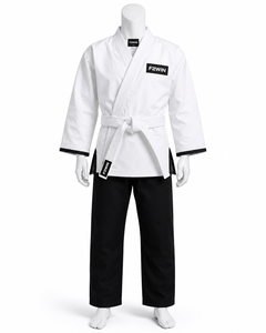 Kimono de judo F2WIN blanc en coton pour adulte unisexe, tenue d'arts martiaux avec bordure noire et logo, best-seller, respirant, OEM, poids du tissu 400g - Product Image 1
