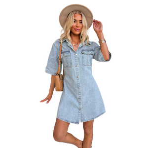 Robe chemise mi-longue en jean pour femme, en coton, décontractée, vente en gros, fabricant - Product Image 3