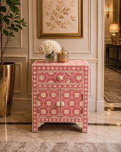 Decorative Bone Inlay Bedside <b>Table</b> Wooden <b>Side</b> Cabinet With Functional <b>Drawer</b> And Unique Artistic Pattern - Product Image 4