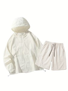 Unisex White Hooded Windbreaker <b>Jacket</b> and Shorts Set Lightweight Oversized Summer Outfit Solid Color Polyester Two Piece - Product Image 1