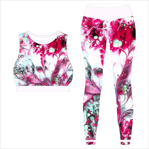 Sublimated Cropped Yoga Tank with Solid Compression Footed <b>Leggings</b> Breathable Drawstring Closure 2-Piece Set for <b>Women</b> Red - Product Image 2