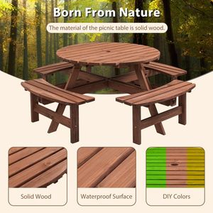 Tavolo da Picnic Circolare in Legno per 8 Persone con 3 Panche Integrate per Patio, Cortile o Giardino - Grigio - Product Image 5