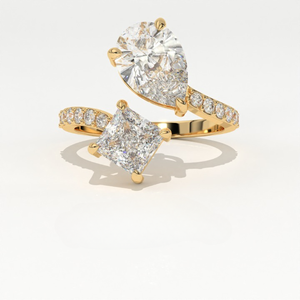 Anillo Aarinya para Mujer, Asimétrico, con Dos Diamantes Cultivados en Laboratorio, Chapado en Oro de 14K, Corte Princesa en Forma de Pera, Certificado IGI, Estilo Toi Et Moi - Product Image 1