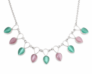 Collar Étnico de Latón Plateado con Circonitas en Forma de Lágrima, Estilo Bohemia para Mujer, Cadena de Caja, Engaste de Bisel Verde y Rosa - Product Image 5
