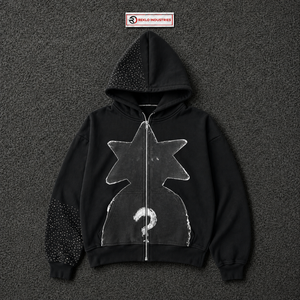 Sweat à capuche zippé noir surdimensionné personnalisé avec imprimé graphique étoile vieilli, style streetwear, mode gothique délavée, unisexe - Product Image 5