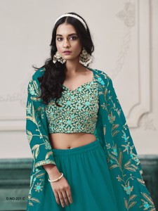 Salwar Kameez pour femme en faux georgette turquoise brodé de sequins (longueur midi, coupe classique) pour mariage, fête, Diwali - Product Image 4