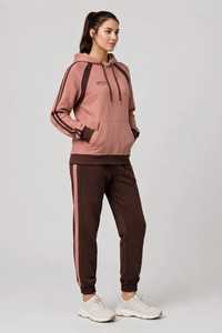 Ensemble de survêtement 2-en-1 pour femme, imprimé color block marron et blanc, en polyester/coton, à manches longues, col roulé zippé, coupe ample et sportive - Product Image 4