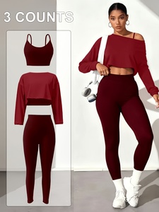 Women 3 Piece Yoga Workout Set High Waist Slim Fit Leggings Cami Bra <b>Long</b> Sleeve Cover Up - Product Image 1