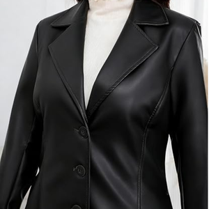 Trench-coat en similicuir pour femme, long manteau boutonné à revers, veste classique à l'aspect cuir avec ceinture pour l'automne et l'hiver - Product Image 6