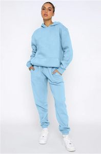 Ensemble de survêtement bleu clair à capuche pour femme, décontracté, couleur unie, manches longues, avec cordon de serrage et poches latérales - Product Image 5