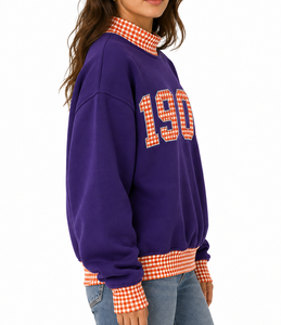 Sweat-shirt violet pour femme avec motif appliqué 1900, col et poignets à carreaux, coupe classique, col rond, style automne - Product Image 2