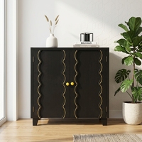 Meuble buffet d'entrée vintage français noir à 2 portes avec ligne ondulée dorée en bois massif, meuble de rangement
