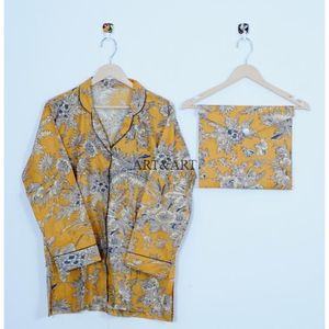 Ensemble de pyjama élégant pour femmes en coton, imprimé à la main avec un motif floral, vêtements de nuit confortables, vêtements de fête, lavables, naturels, indiens - Product Image 3