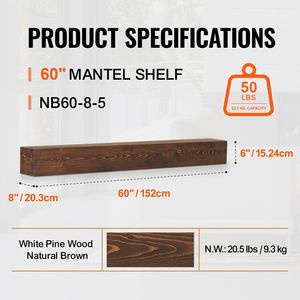 Mensola per Caminetto in Legno Naturale 60'' X 8'', Capacità di Carico 50 Libbre, Mensola Galleggiante da Parete Stile Rustico - Product Image 3