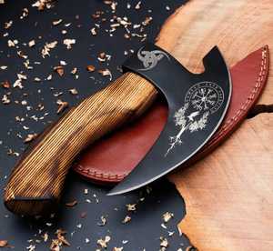 Custom Handmade High Carbon Steel Black Coted Pizza Cutter Premium Wooden Handle Kitchen Axe with Genuine Leather Sheath - Product Image 1
