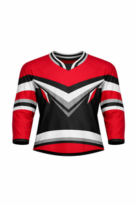 Jersey de Hockey sobre Hielo para Hombre, Rojo y Negro a Rayas, Manga Tres Cuartos, Cuello Redondo, Absorbe la Humedad, Sublimado - Product Image 3