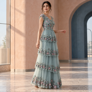 Elegant Dusty Sage Blue Floral Embellished Tiered Evening <b>Gown</b> | V Neck Cap Sleeve Beaded Sequin Tulle A Line <b>Floor</b> <b>Length</b> Dress - Product Image 3