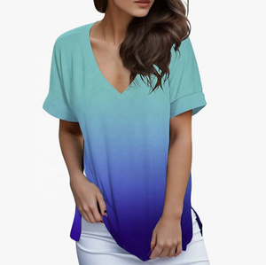 Camisetas transpirables para mujer de Pakistán, Camiseta holgada a la moda con degradado para mujer, camiseta informal con cuello en V, camiseta Chemise Homme - Product Image 5