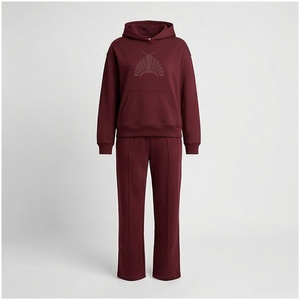 <b>Women</b> 100% Cotton Hooded Tracksuit Set Maroon Solid Color Full Length <b>Sweatpants</b> And Jacket Loose Fit Autumn Casual Wear - Product Image 1