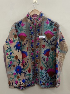 Suzani <b>Embroidered</b> 100% Cotton Breathable <b>Jackets</b> <b>for</b> <b>Women</b> Colorful Quilted Boho Floral Folk Art Outerwear Striped Lining - Product Image 3