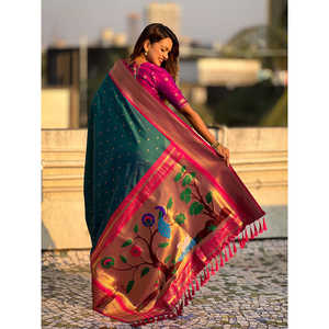 ผ้าไหมพายทานีสีเขียวเนื้อนุ่ม ทอแบบซารี  ชุดอินเดียและปากีสถาน - Product Image 4