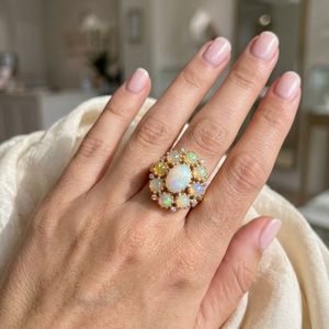 Silver Opal Cluster <b>Ring</b> Prong Setting Vintage Style <b>Resizable</b> Women's Engagement Anniversary Party Everyday Wear - Product Image 4