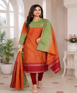Women Traditional Cotton Kurta Dupatta Orange Green <b>Red</b> Border Work Loose Fit Casual Wear India Pakistan 86119 SI:-400 - Product Image 1