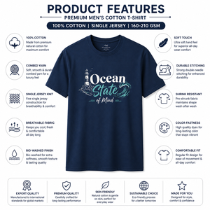 เสื้อยืดแขนสั้นสีกรมท่าสำหรับผู้ชาย Ocean State Mind คอกลม ทรงปกติ พิมพ์ลายด้านหน้า สไตล์ลำลอง ผ้าฝ้ายเทอร์รี่ 100% เป็นมิตรกับสิ่งแวดล้อม - Product Image 4