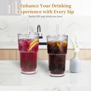 Set di 2 Bicchieri in Vetro a Righe Verticali per Acqua e Caffè con Coperchio di Alta Qualità e Spazzola per la Pulizia della Cannuccia - Product Image 3