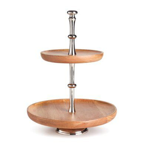 Support à gâteau vintage en bois de manguier avec poignée décorative en forme de fleur argentée, tour à dessert en bois rustique pour mariages et buffets - Product Image 5