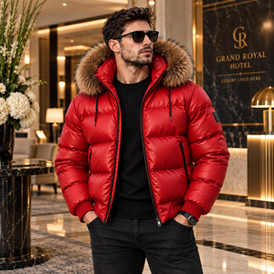 Veste matelassée de luxe décontractée pour homme, hiver, capuche en fourrure |   Veste brillante |   Doudoune Brillante |   vestes en cuir |   Piumino Lucido Uomo - Product Image 1