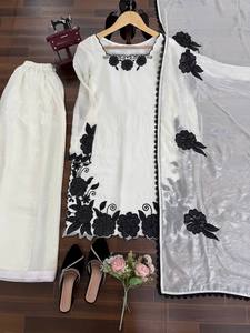 Ensemble Kurti brodé de fleurs blanches, Kurta en soie et pantalon Farshi avec dupatta pour les femmes, pour les fêtes de mariage - Product Image 2