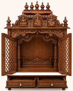 Mandir traditionnel hindou sculpté à la main avec portes, en teck, pour la maison, design de temple en bois avec portes en travail de sculpture Jali, Royaume-Uni - Product Image 5