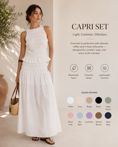Ensemble deux pièces de qualité supérieure pour les vacances - Blouse blanche élégante à smocks avec jupe longue décontractée moderne - 100% coton - Product Image 5