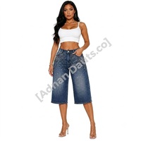 Jeans capri en denim à jambes larges avec strass personnalisés pour femmes |   Jean Culotte Taille Haute Cropped |   Mode ornée de cristaux étincelants