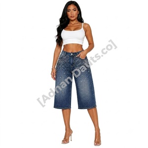 Jeans Capri de Mezclilla con Pedrería y Pierna Ancha Personalizados para Mujer |   Jeans Culotte de Cintura Alta y Corte Recto |   Moda con Cristales Brillantes - Product Image 1