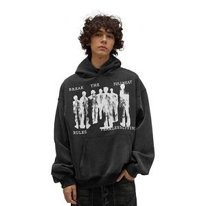 Sudadera con Capucha Extra Grande para Hombre, Negra, de Algodón French Terry, Estilo Urbano, con Estampado, Bolsillo Delantero, Manga Regular, para Otoño - Product Image 4