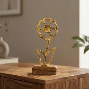 Sculpture florale moderne en métal sur base en bois – Élégant accent décoratif pour chambre, bureau, étagère et table - Product Image 1