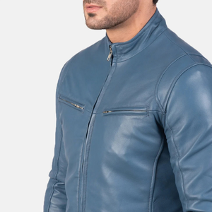 Custom Men's Blue Leather <b>Cafe</b> <b>Racer</b> <b>Jacket</b> Premium Vintage Biker Coat OEM Private Label Apparel Manufacturer Wholesale Supplier - Product Image 4