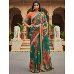 Green Floral Printed Organza Traditional Saree with Blouse - Product Image 1