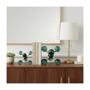 Geometric Glass Bookends Set Of 2 Modern Sculptural Design <b>Gold</b> Plated Metal Frame Teal Color For Desk Decor - Product Image 1