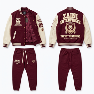 ZAINI Unisex Varsity Tracksuit 400 GSM Cotton Polyester Fleece Maroon for Contrast Sleeve Custom <b>Embroidery</b> Chenille Patch - Product Image 1
