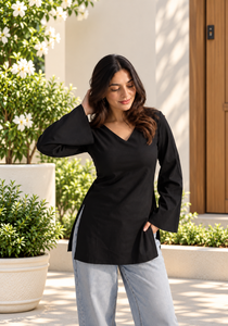 Blusa Étnica Negra de Manga Larga con Cuello en V para Mujer, Corte Holgado, Algodón, Estilo Informal, Estilo India Pakistán, para Todas las Temporadas - Product Image 4